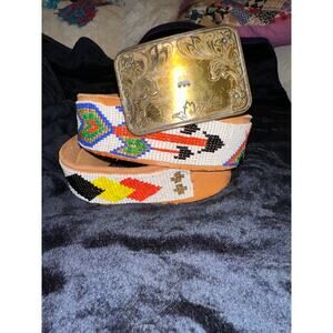 VINTAGE NATIVE BEADED BELT ON LEATHER W/ BRASS BUCKLE